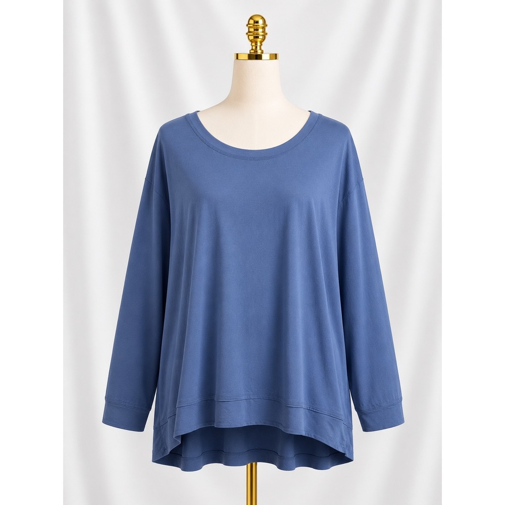 Belle by Kim Gravel Rayon Spandex Ruched Back Hi-Low Knit Top Tee Size 3X Blue